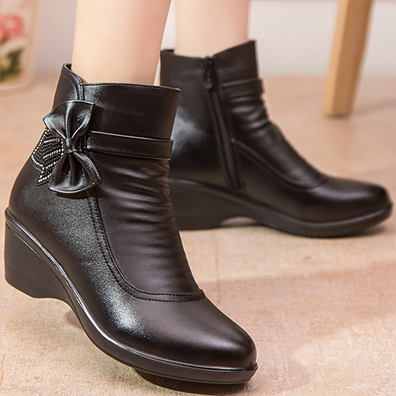 Women's Warm Wedge Booties – Wide Width Comfort Ankle Boots with Side Zip & Bow Accent
