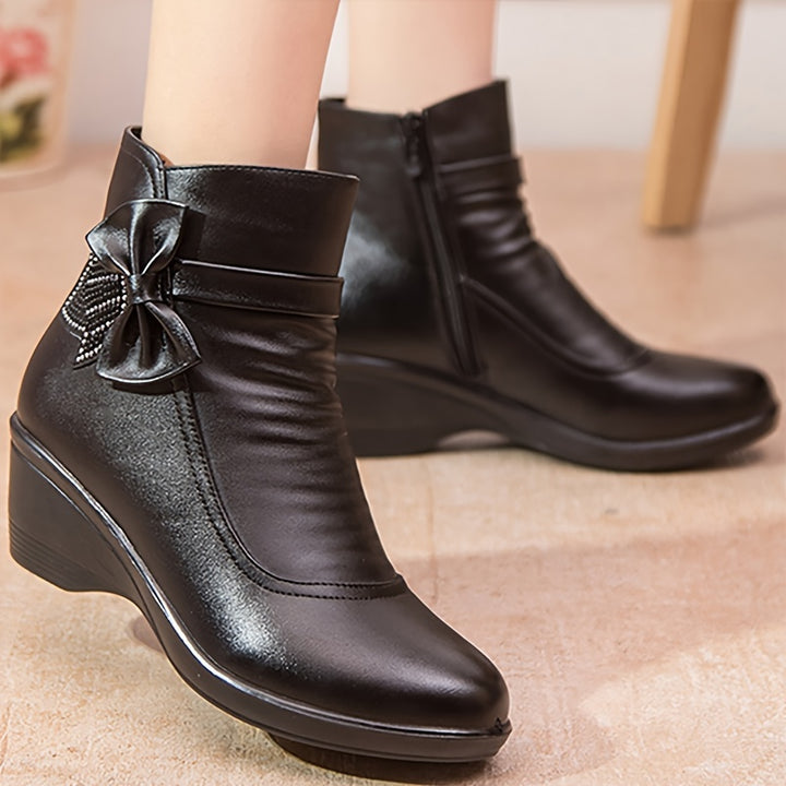 Women's Warm Wedge Booties – Wide Width Comfort Ankle Boots with Side Zip & Bow Accent
