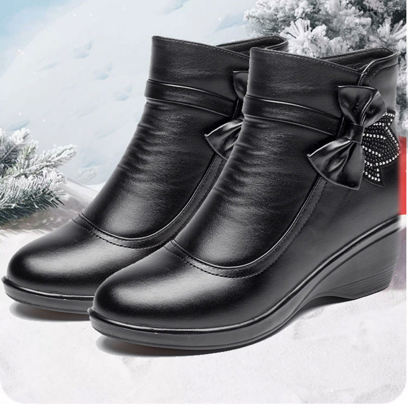 Women's Warm Wedge Booties – Wide Width Comfort Ankle Boots with Side Zip & Bow Accent