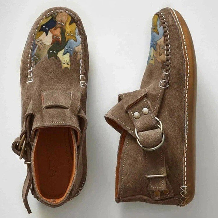 Women's Handmade Style Cat Print Moccasins – Vintage Comfort Flats