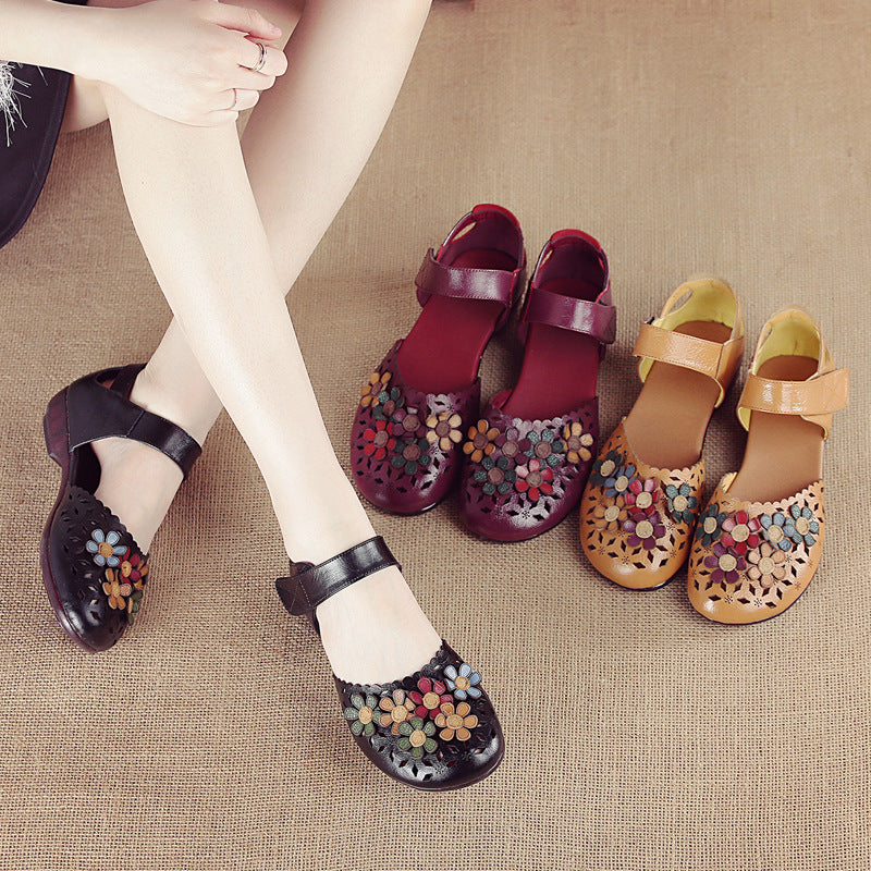 Women's Handmade Leather Sandals – Floral Comfort Soft Sole Summer Shoes