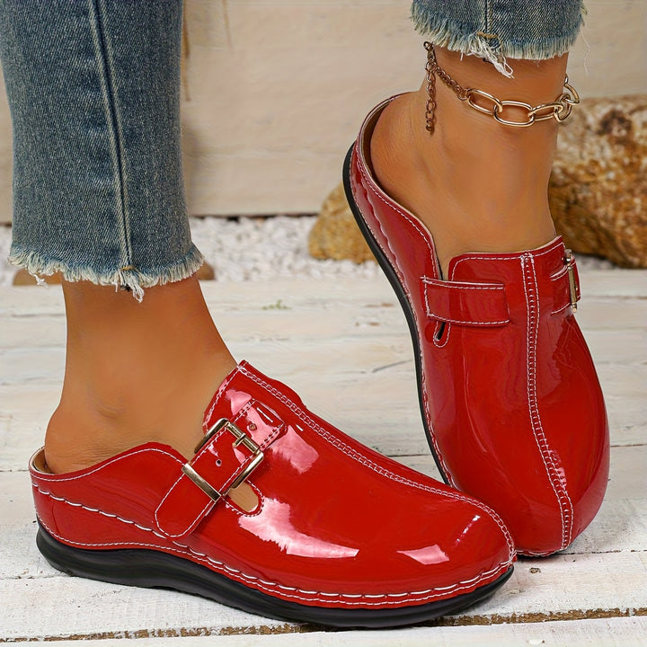 Women's Comfortable Mules – Glossy Leather Buckle Shoes