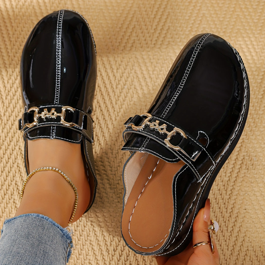 Women's Patent Leather  Mules – Comfortable Buckle Casual Shoes