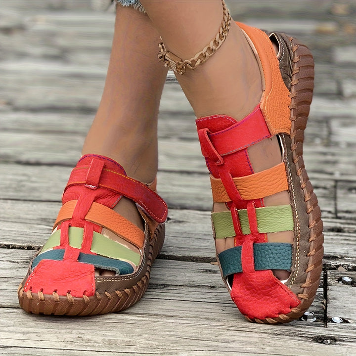 Handcrafted Leather Comfort Sandals – Colorblock Woven Slip-Ons for All-Day Walking