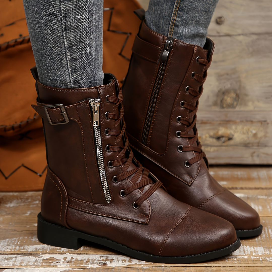 Women's Vintage Lace-Up Boots – Classic Mid-Calf Boots with Low Heel & Side Zipper
