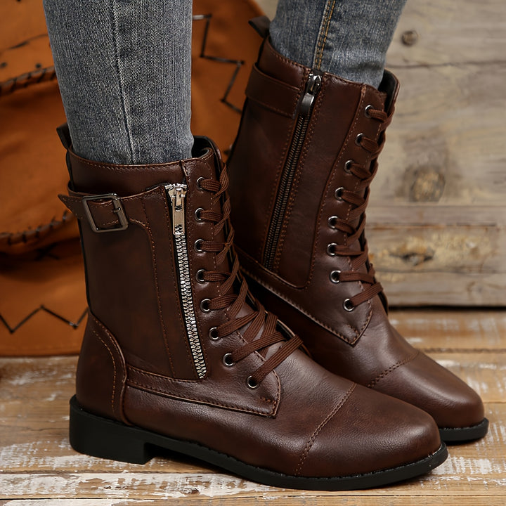 Women's Vintage Lace-Up Boots – Classic Mid-Calf Boots with Low Heel & Side Zipper