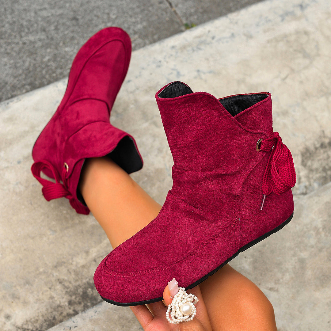 Women's Vintage Bow Ankle Boots –Comfortable  Lace-Up Flat Shoes for Fall & Winter