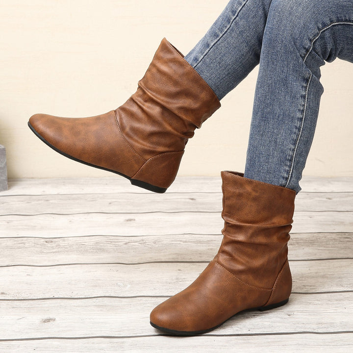 Women's Vintage Leather Ankle Boots – Waterproof Slouchy Flat Boots with Non-Slip Sole