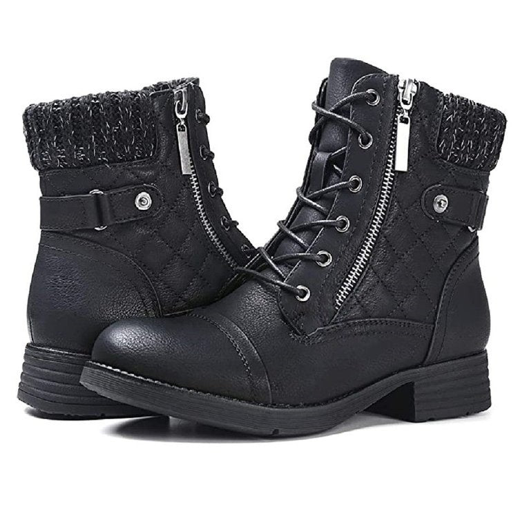 Women's Comfortable Fall & Winter Ankle Boots – Low Heel Lace-Up Boots with Side Zipper & Knit Collar