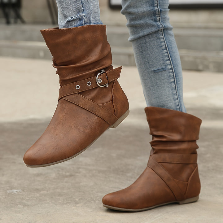 Women's Vintage Ankle Boots – Flat Sole Boots with Classic Buckle Detail