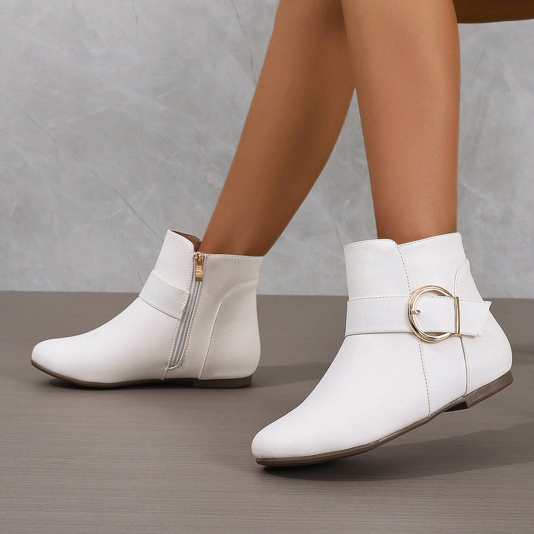 Women's Vintage Ankle Boots – Comfortable Flat Boots with Buckle & Side Zipper