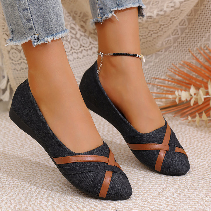 Women's Denim Cross Strap Flats – Comfortable Casual Slip-On Shoes