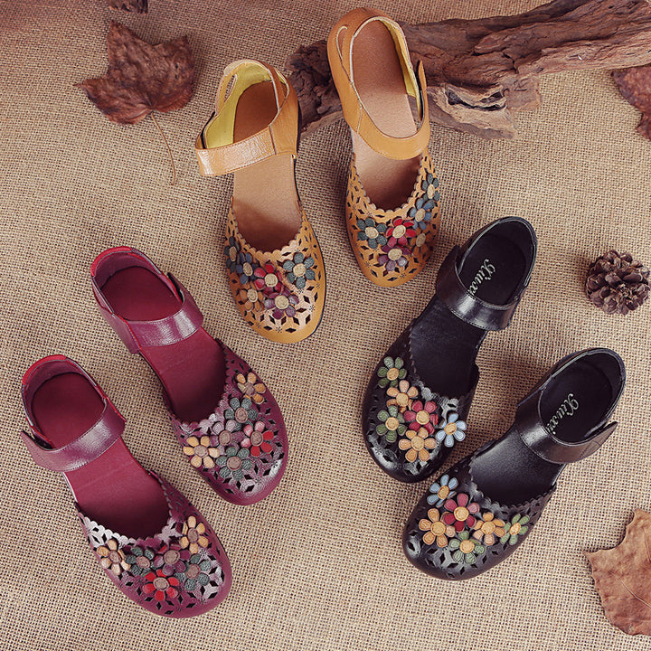 Women's Handmade Leather Sandals – Floral Comfort Soft Sole Summer Shoes