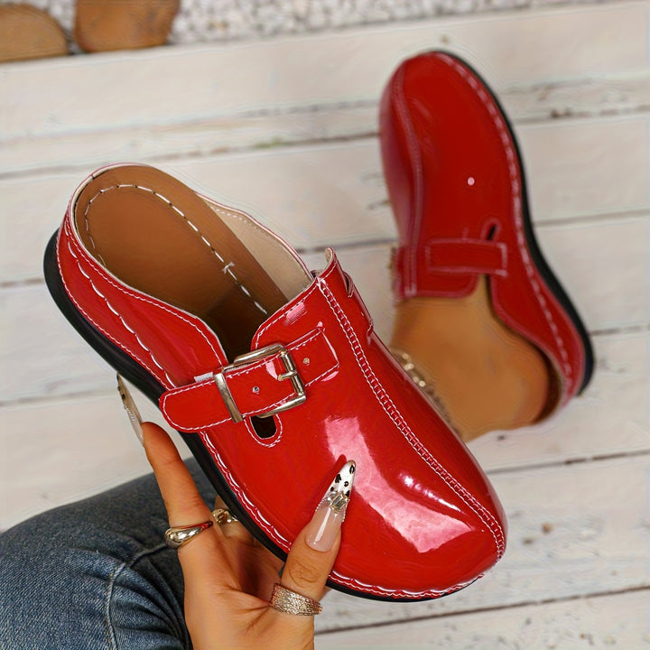 Women's Comfortable Mules – Glossy Leather Buckle Shoes