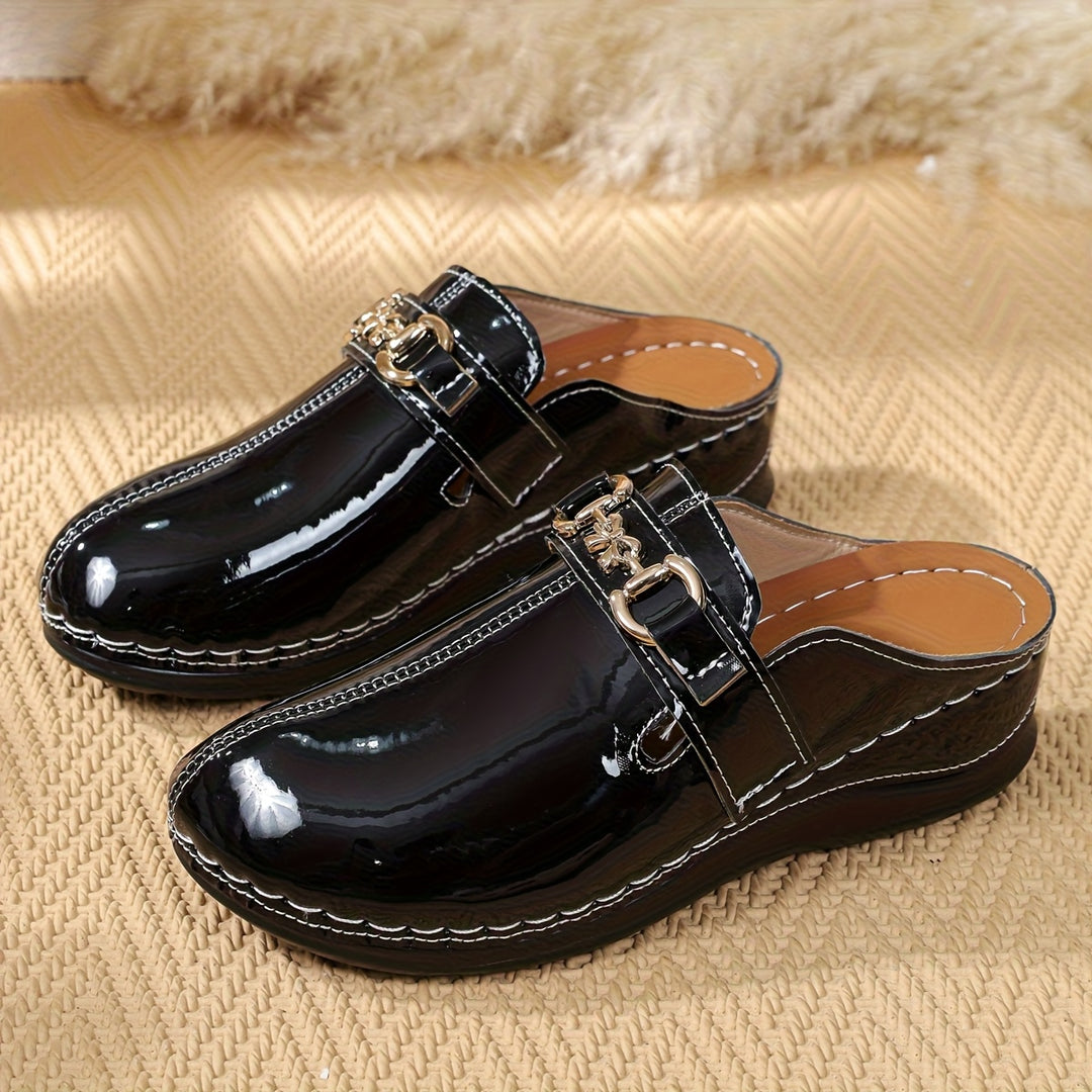 Women's Patent Leather  Mules – Comfortable Buckle Casual Shoes