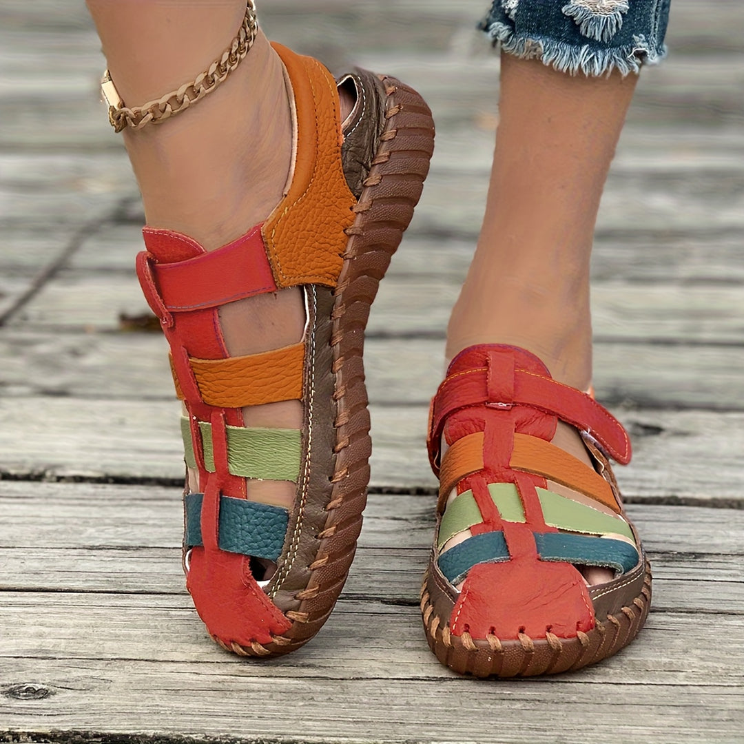 Handcrafted Leather Comfort Sandals – Colorblock Woven Slip-Ons for All-Day Walking