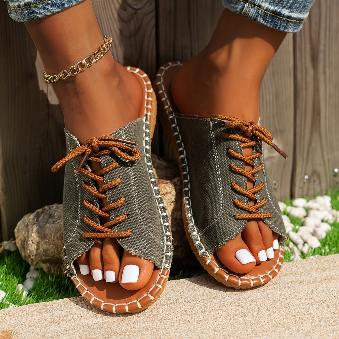 Women's Vintage Lace-Up Canvas Mules – Lightweight Comfort Slip-On Sandals