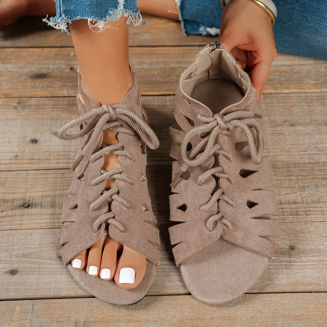 Women's Vintage Cutout Lace-Up Sandals– Breathable Cutout Design with Comfortable Flat Sole