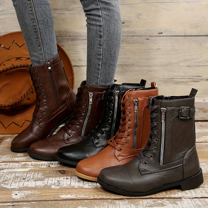 Women's Vintage Lace-Up Boots – Classic Mid-Calf Boots with Low Heel & Side Zipper