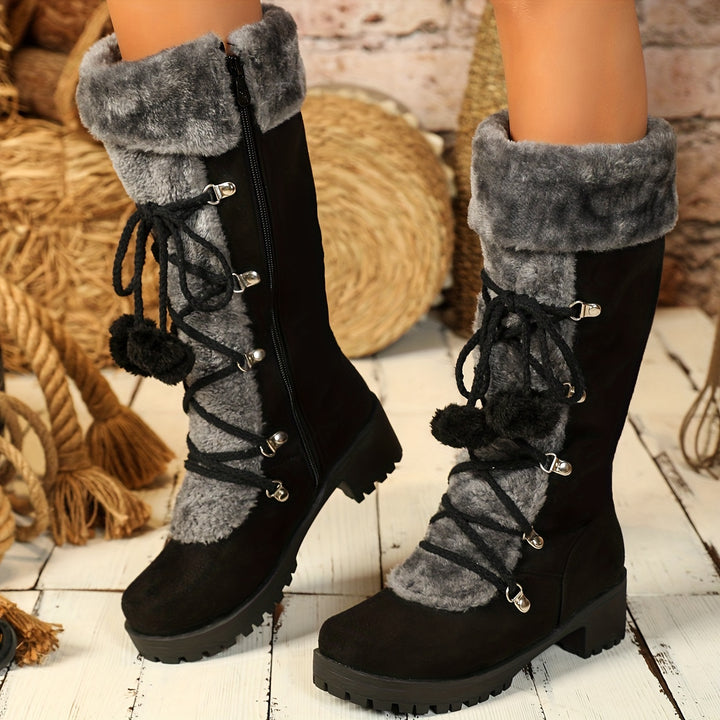 Women's Vintage Winter Boots – Fur-Lined Tall Boots with Lace-Up Detail & Side Zipper