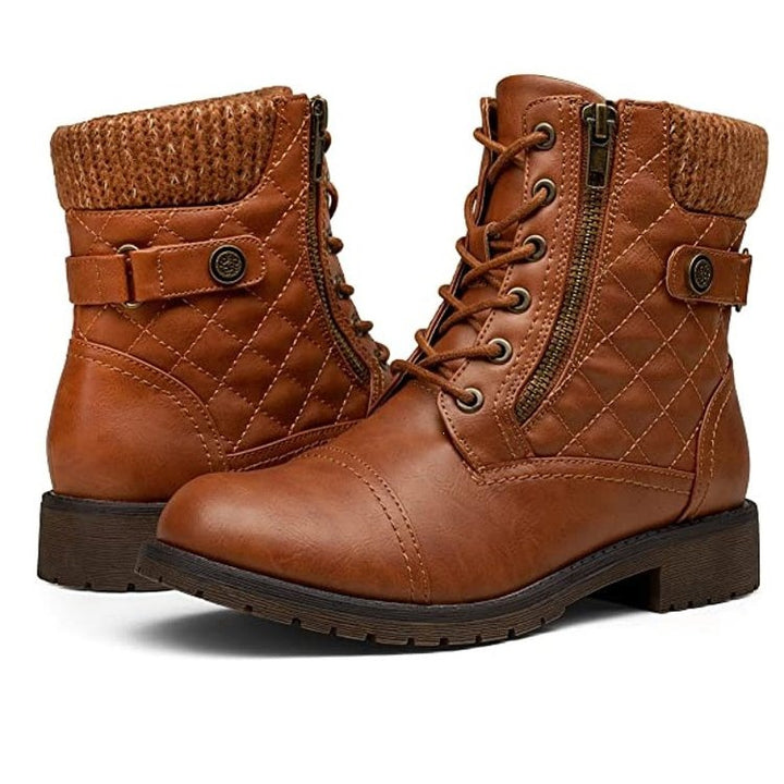 Women's Comfortable Fall & Winter Ankle Boots – Low Heel Lace-Up Boots with Side Zipper & Knit Collar