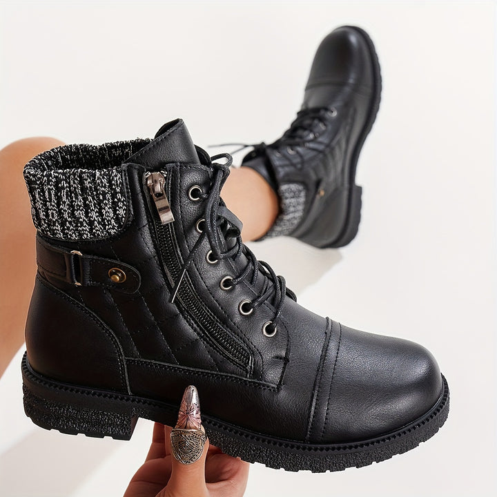 Women's Embroidered Plaid Ankle Boots – Low Heel Lace-Up Boots with Side Zipper & Knit Collar