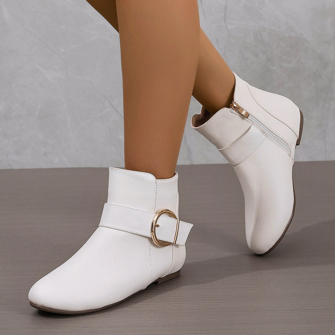Women's Vintage Ankle Boots – Comfortable Flat Boots with Buckle & Side Zipper