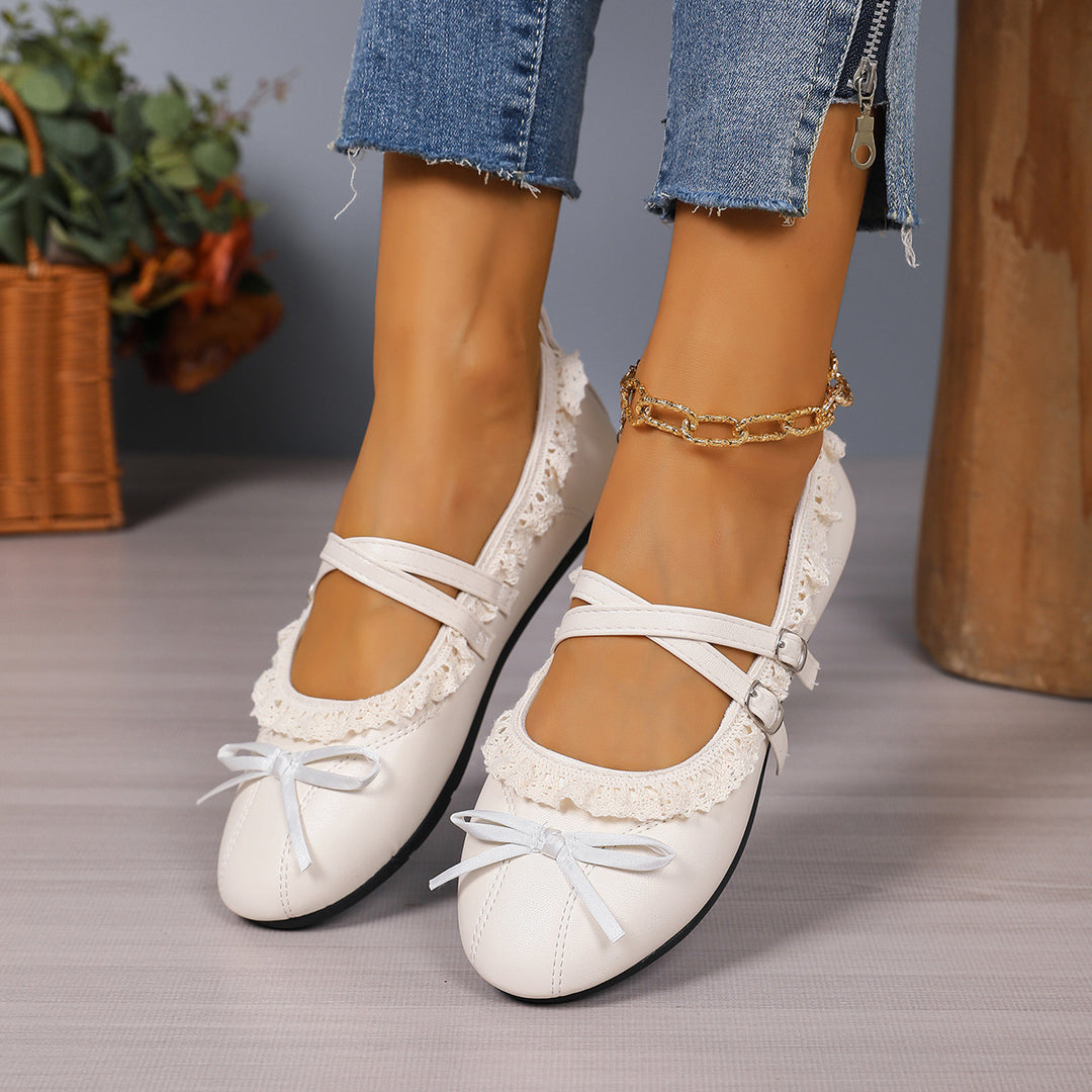 Women's Retro Mary Jane Shoes – Round-Toe Flats with Lace Trim & Bow