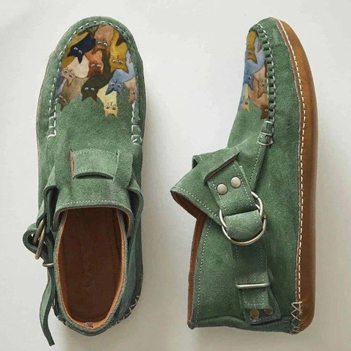 Women's Handmade Style Cat Print Moccasins – Vintage Comfort Flats