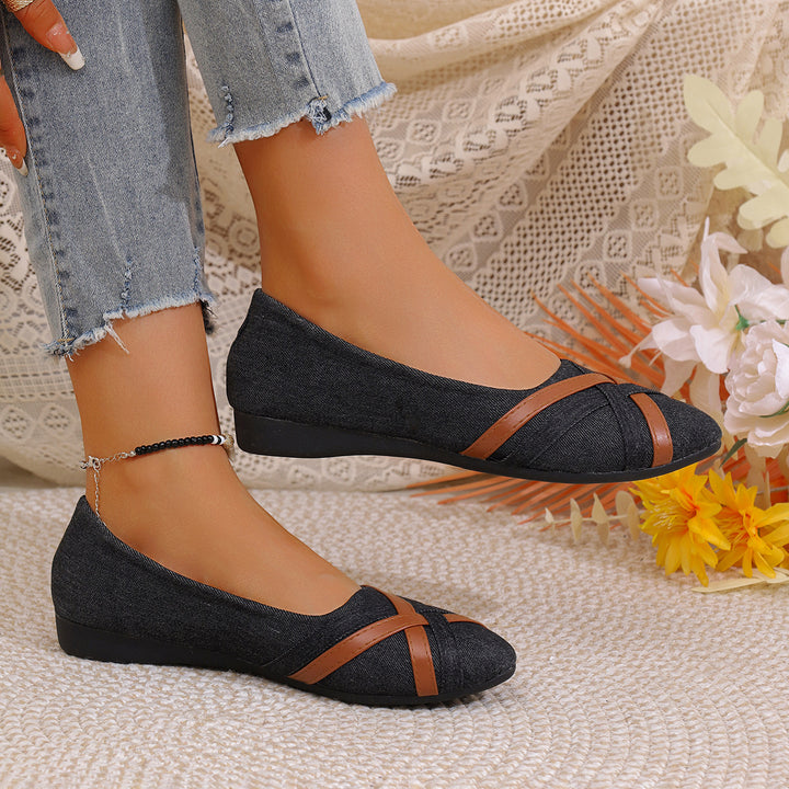 Women's Denim Cross Strap Flats – Comfortable Casual Slip-On Shoes