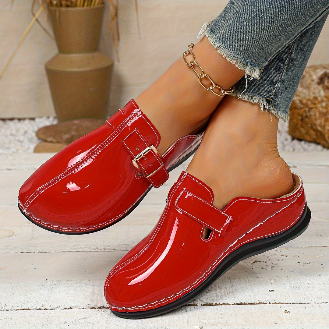 Women's Comfortable Mules – Glossy Leather Buckle Shoes