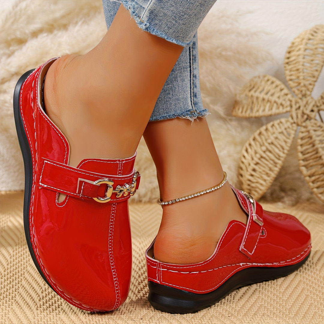 Women's Patent Leather  Mules – Comfortable Buckle Casual Shoes