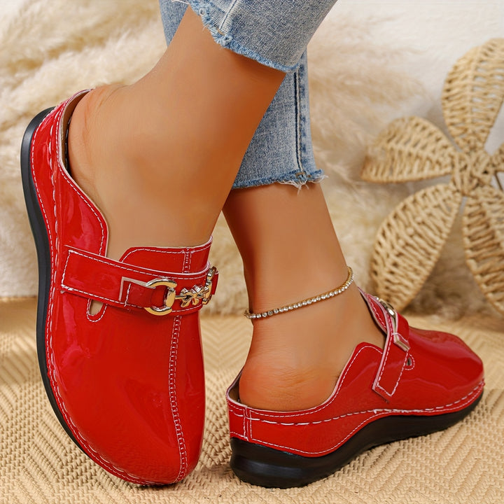 Women's Patent Leather  Mules – Comfortable Buckle Casual Shoes