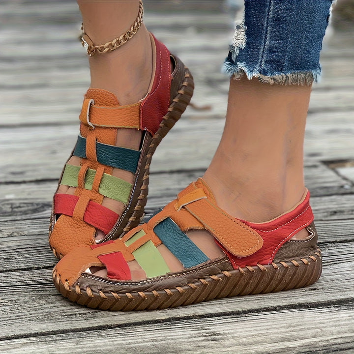 Handcrafted Leather Comfort Sandals – Colorblock Woven Slip-Ons for All-Day Walking