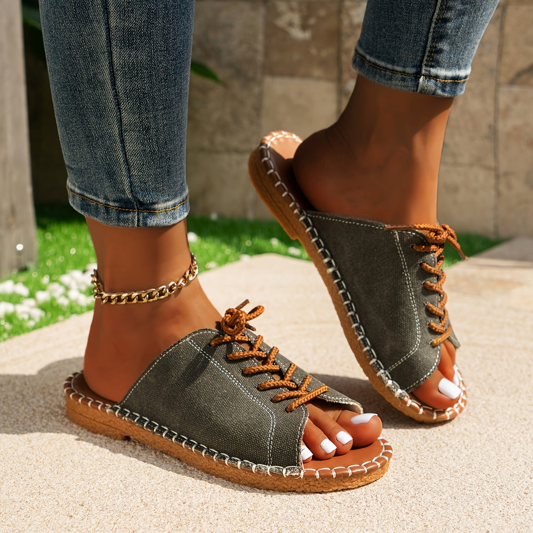 Women's Vintage Lace-Up Canvas Mules – Lightweight Comfort Slip-On Sandals
