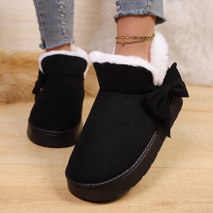Women's Bow Ankle Boots – Warm Plush-Lined House Shoes for Fall & Winter