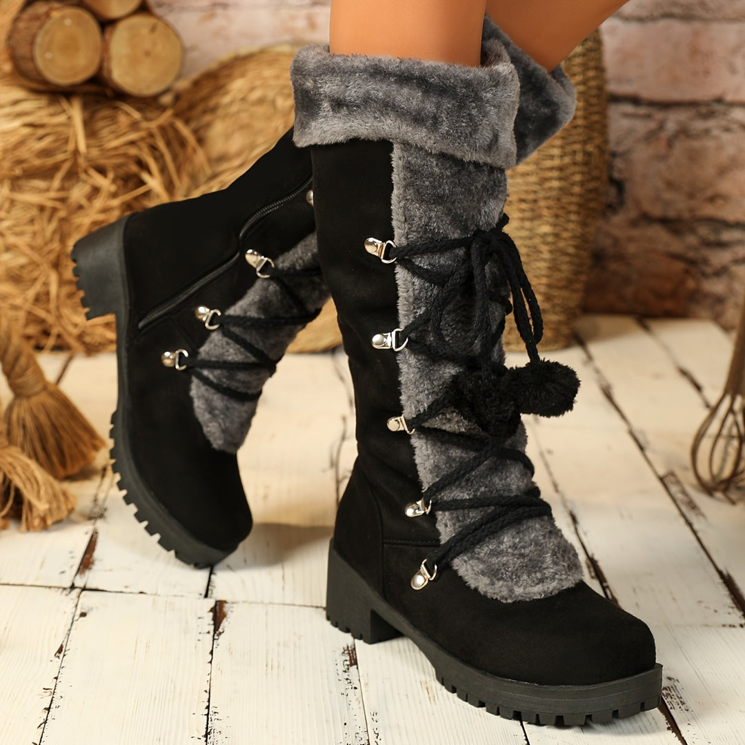 Women's Vintage Winter Boots – Fur-Lined Tall Boots with Lace-Up Detail & Side Zipper