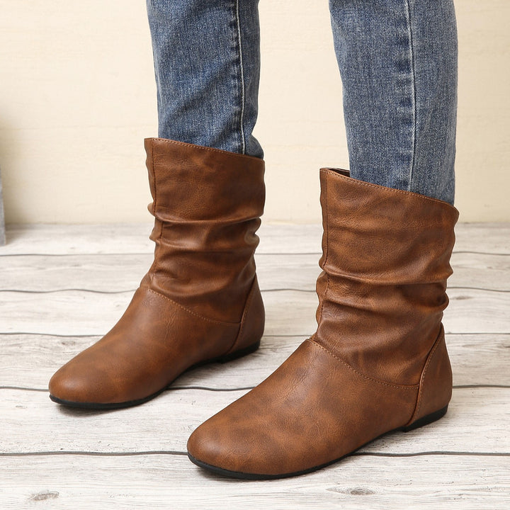Women's Vintage Leather Ankle Boots – Waterproof Slouchy Flat Boots with Non-Slip Sole