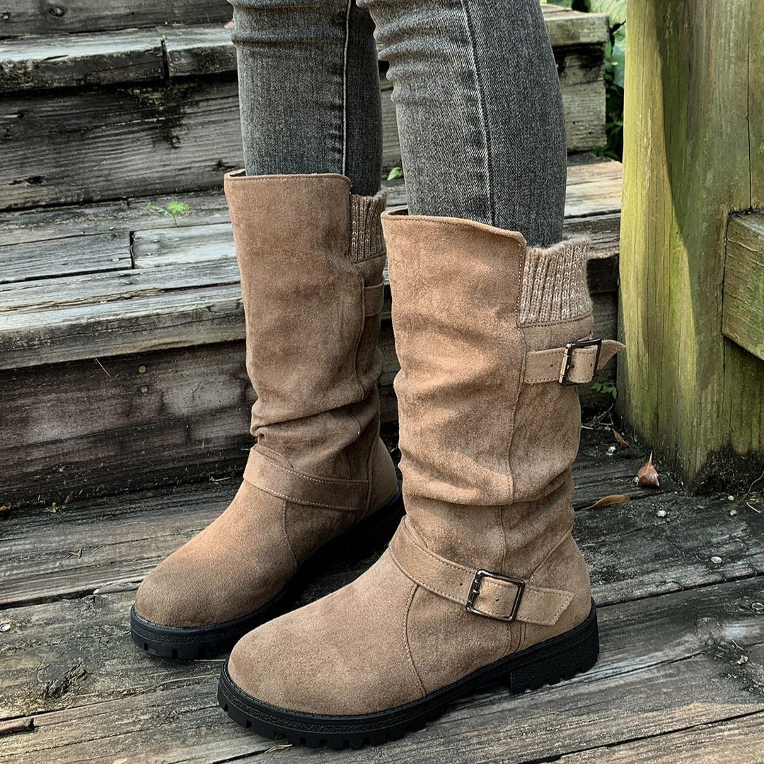Women's Vintage Western Cowboy Boots – Suede Round-Toe Tall Boots with Block Heel & Buckle Detail