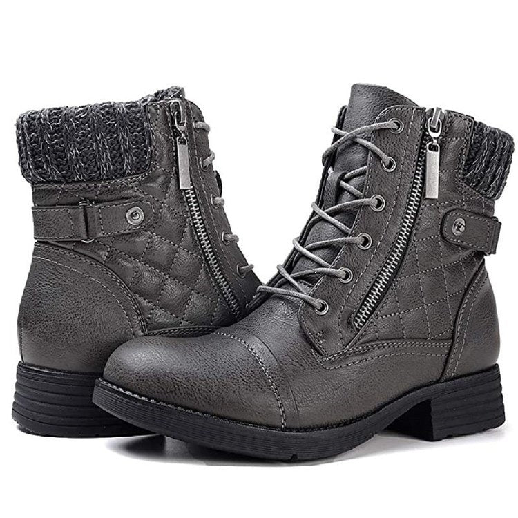 Women's Comfortable Fall & Winter Ankle Boots – Low Heel Lace-Up Boots with Side Zipper & Knit Collar