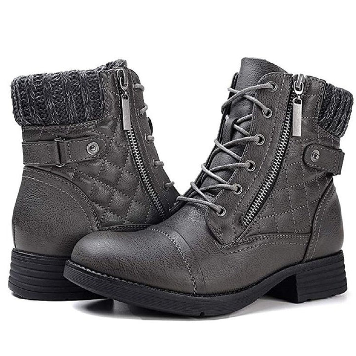 Women's Comfortable Fall & Winter Ankle Boots – Low Heel Lace-Up Boots with Side Zipper & Knit Collar