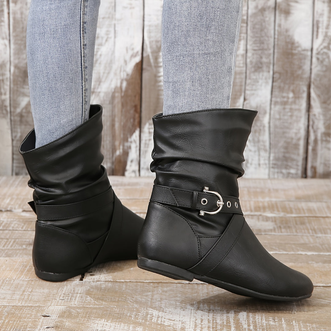 Women's Vintage Ankle Boots – Flat Sole Boots with Classic Buckle Detail