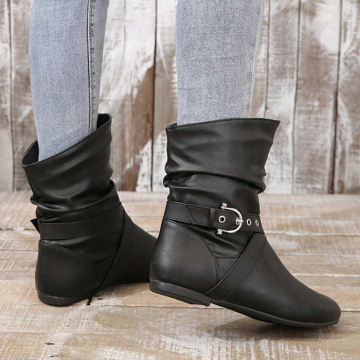 Women's Vintage Ankle Boots – Flat Sole Boots with Classic Buckle Detail