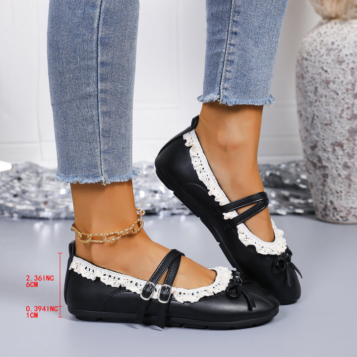 Women's Vintage Mary Jane Flats – Double-Strap Shoes with Lace Trim & Bow Detail