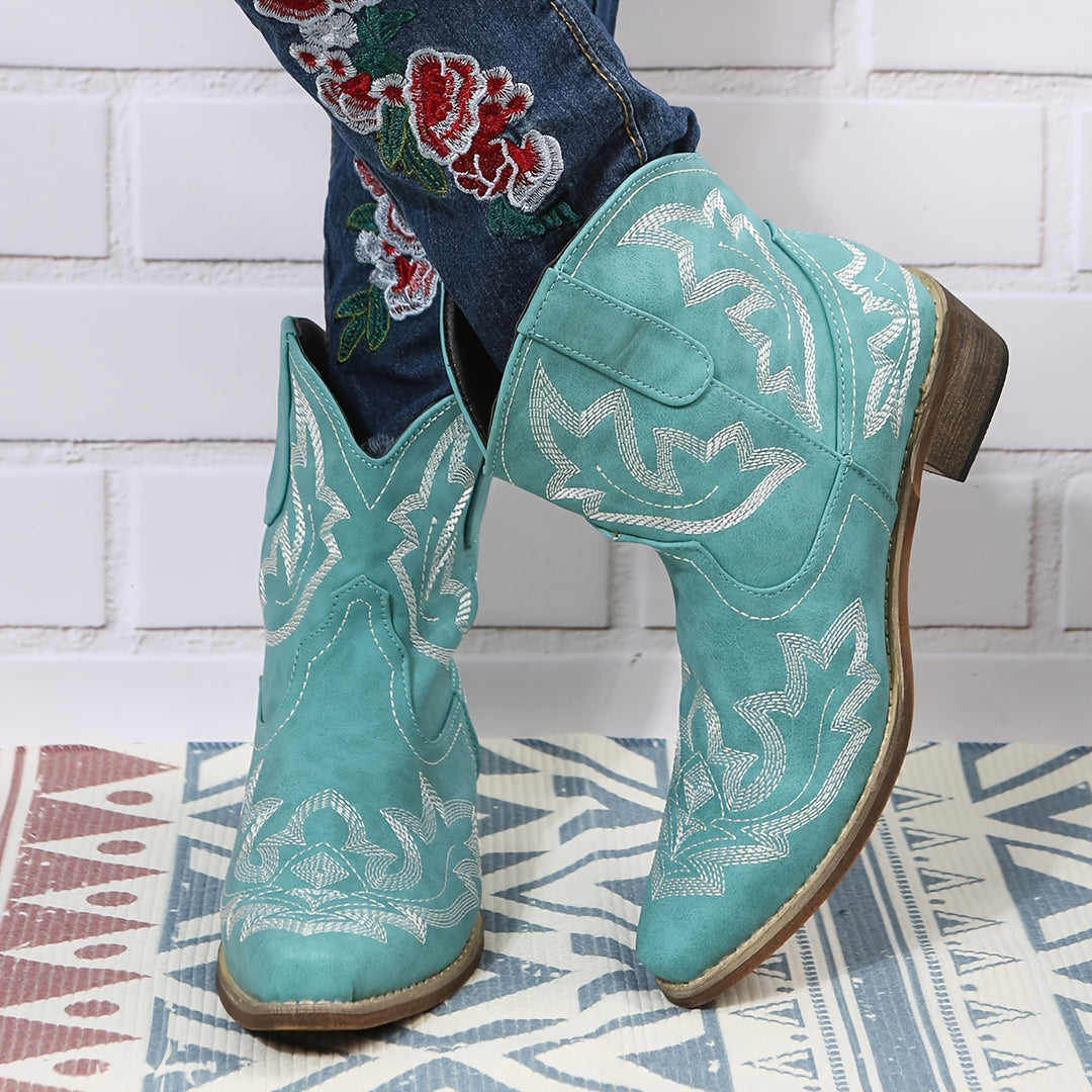 Women's Western Embroidery Mid-Heel Ankle Boots