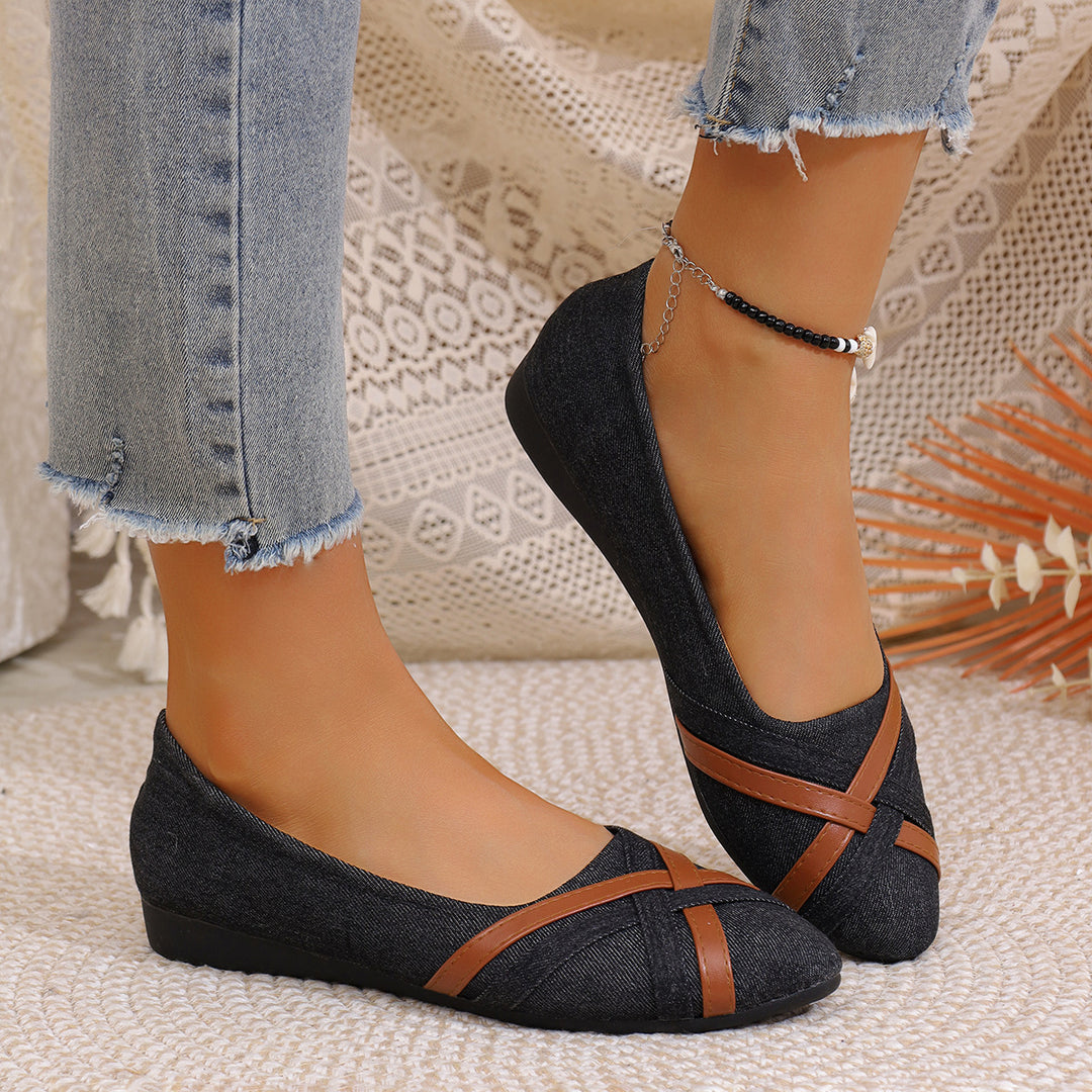 Women's Denim Cross Strap Flats – Comfortable Casual Slip-On Shoes