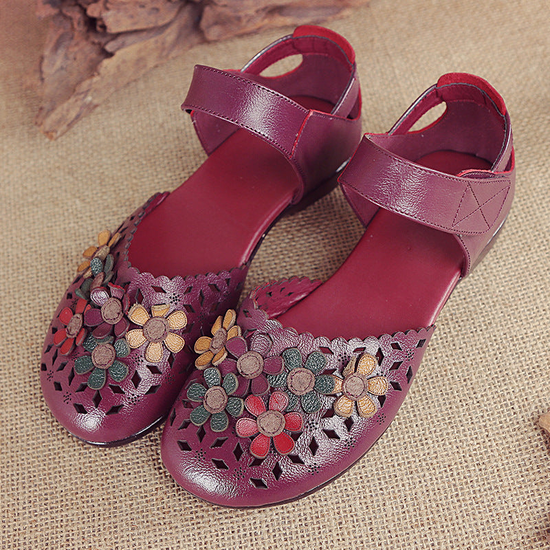 Women's Handmade Leather Sandals – Floral Comfort Soft Sole Summer Shoes