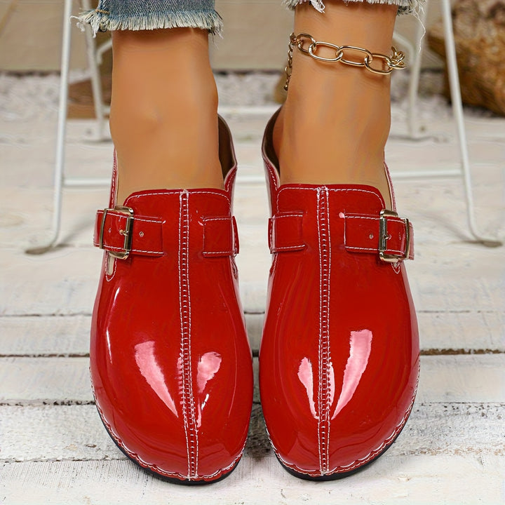Women's Comfortable Mules – Glossy Leather Buckle Shoes