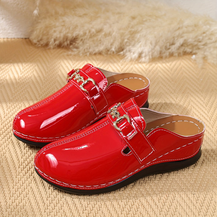 Women's Patent Leather  Mules – Comfortable Buckle Casual Shoes
