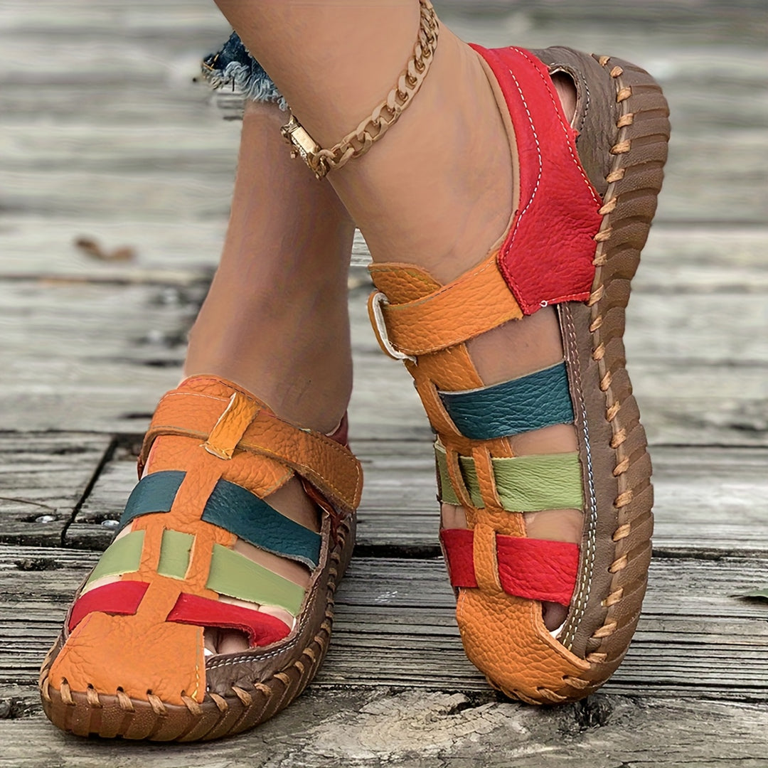 Handcrafted Leather Comfort Sandals – Colorblock Woven Slip-Ons for All-Day Walking